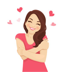 Happy cute woman with curly hairstyle hugging herself with enjoying emotions isoleted. Love concept of yourself body vector illustration