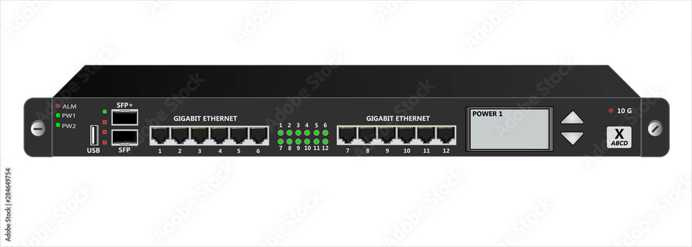 Black router IP traffic for mounting with a 19 inch rack. SFP, SFP+, USB,  RG-45 connectors and Router Management Screen. Vector illustration. - obrazy, fototapety, plakaty 