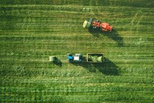 Aerial View Of Tractor With Round Baler Rolling Bales Of Straw On Harvested Field