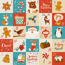 Christmas Advent Vector Calendar Design With Holiday Characters, Food And Symbols