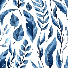 Seamless Leaf Pattern. Background With Blue Branches