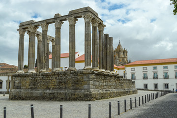 Wall Mural - The remains of a Roman temple surrounded by white city houses and in the background the dome of the Catholic Cathedral.