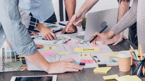 Fotografía Close up creative designer applaud for job success at meeting table at office