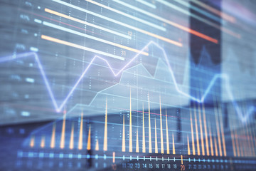 Double exposure of stock market graph on empty exterior background. Concept of analysis