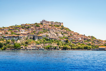 Wall Mural - Molyvos or Mithymna town with medieval castle, Lesbos (Lesvos), Aegean Sea, Greece.