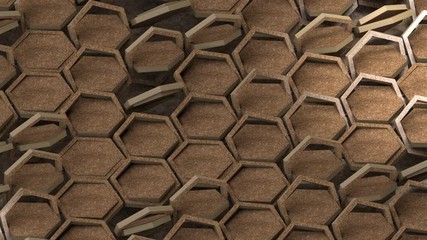 Poster - 3D animation background of the plurality of rotating hexagons with the honeycombs.