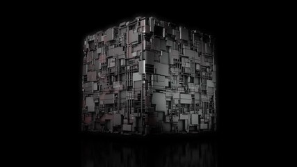 Poster - 3d animation of rotation of futuristic 3d cube with many elements on the surface. animation on a bla