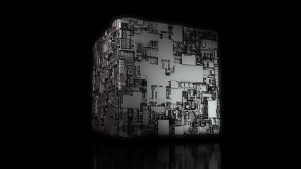 Poster - 3D animation of rotation of futuristic 3D cube with many elements on the surface. Animation on a black background with reflection on the surface.