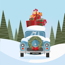 Flat Cartoon Illustration Of Retro Car With Present On The Roof. Little Classic Red Car Carrying Gift Boxes On Its Rack. Vehicle's Front Decorated With Wreath. Snow-covered Landscape With Firs