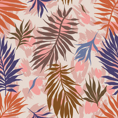 Wall Mural - Abstract seamless tropical plants pattern. Hand drawn fantasy exotic sprigs with leopard skin background. Floral illustration made of herbal foliage leaves . Good for wallpaper, textile, fabric