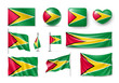 Various flags of Guyana independent country set. Realistic waving national flag on pole, table flag and different shapes badges. Patriotic guyanese rendering symbols isolated vector illustration.