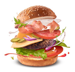 Delicious burger with flying ingredients isolated.