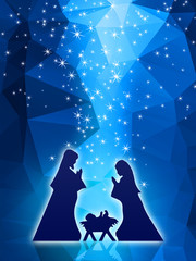 Chritmas Nativity Scene - Holy Family on blue low-poly starry background