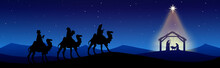 Christmas Nativity Scene Black Silhouette On Blue Background