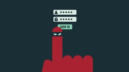 Finger wearing thief mask pushing sign in button. Cyber crime concept animation.