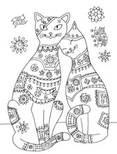 Couple Of Cats In Love. Drawing Coloring Book For Kids And Adults