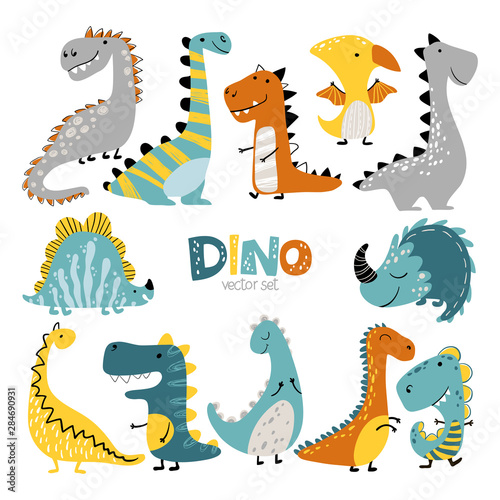 Cuadros en Lienzo Dinosaurs vector set in cartoon scandinavian style