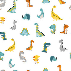  Dinosaurs Vector seamless pattern on a white background. Children s illustration in a funny cartoon style. Scandinavian hand-drawn background is ideal for clothing, textiles, wallpaper, etc.