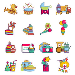 Poster - Children day icons set. Cartoon set of 16 children day vector icons for web isolated on white background