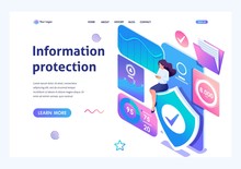 Isometric Concept Girl Installs Online Application To Protect Data On Your Phone. Information Protection. Landing Page Template For The Site
