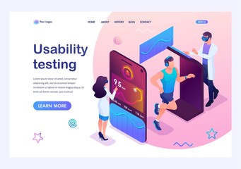 Isometric concept Scientists are testing a mobile app to track an athlete's workout. The athlete runs in training. Landing page template for the site