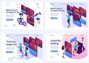 Poster - Set isometric landing pages, concept testing and using the mobile app, during sports training, food delivery and on-site orientation