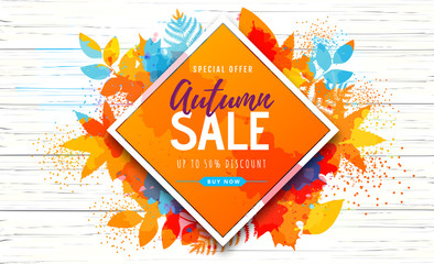 Autumn big sale watercolor poster with autumn leaves. Autumn background