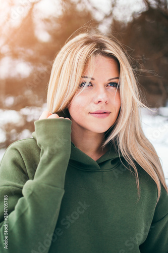 Cute Attractive Scandinavian Blonde With Blue Eyes Looks Dreamily