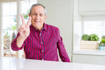 Wall Mural - Handsome senior man at home smiling with happy face winking at the camera doing victory sign. Number two.