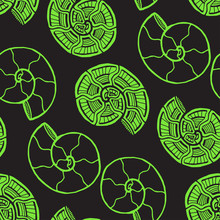 Green Shells Seamless Pattern. Nautical Background In Neon Color. Seashells Pattern For Textile Design