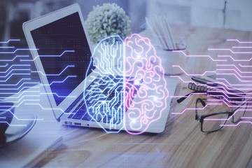Aufkleber - Double exposure of desktop with computer and brain drawing hologram. Artificial intelligence concept.