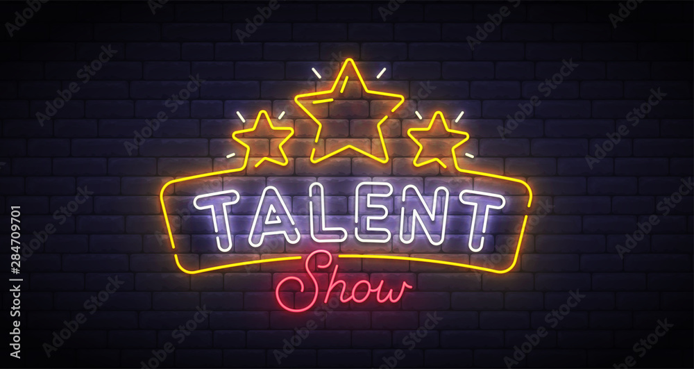 Talent Show neon sign, bright signboard, light banner. Talent Show logo neon, emblem. Vector illustration - obrazy, fototapety, plakaty 