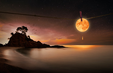 Wall Mural - hanging moon with a clamp on a seascape