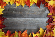 Autumn Leaves Frame On Wooden Background