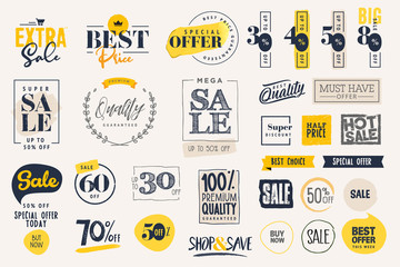 Set of labels and stickers for sale, product promotion, special offer, shopping, e-commerce. Isolated vector illustrations for web design and marketing material.