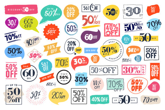 Set of labels and stickers for sale, product promotion, special offer, shopping, e-commerce. Isolated vector illustrations for web design and marketing material.
