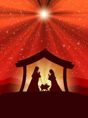 Chritmas Nativity Scene on red starry background