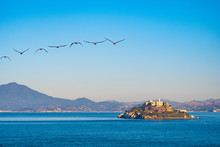 Alcatraz Prison Island In San Francisco Bay, Offshore From San Francisco, California, A Small Island With Military Fortification And Federal Prison, Now A Famous National Historical Landmark.