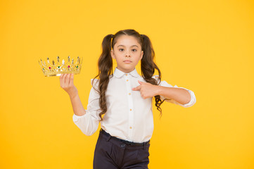 Achievement concept. Adorable small child champion girl. Little winner coronation. Beautiful princess. Just best. Princess life. Symbol of luxury. Small princess. Queen of class. School pupil