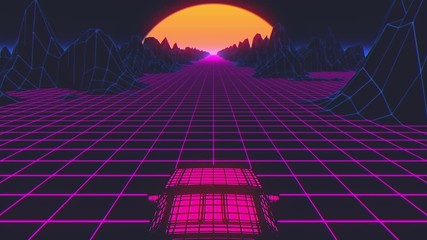 Wall Mural - Cyberpunk car in 80s style moves on a virtual neon landscape