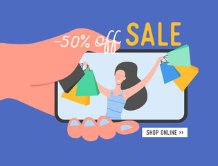 Wall Mural - Online shopping banner, concept sale mobile app template with woman character, special offer poster, Black Friday concept vector illustration flat design