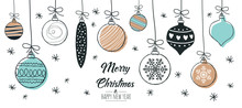 Set Of Hand Drawn Christmas Baubles. Decoration Isolated Elements. Doodles And Sketches Vector Illustration