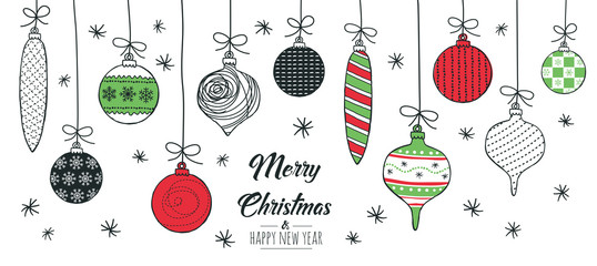 merry christmas greeting card red and green with modern baubles. vector illustration.