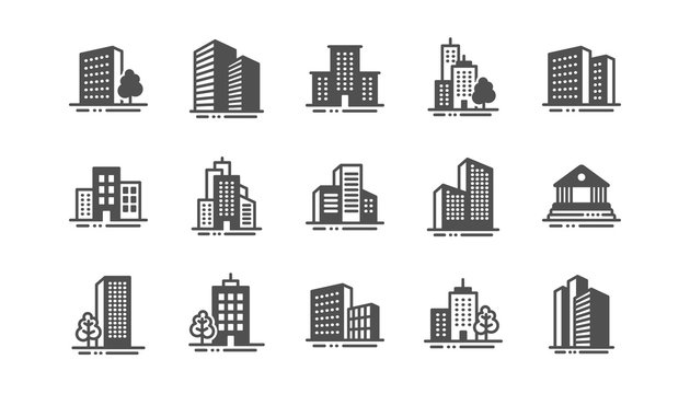 buildings icons. bank, hotel, courthouse. city, real estate, architecture buildings icons. hospital,