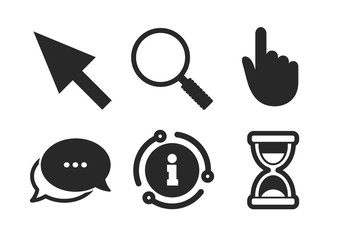 Poster - hourglass and magnifier glass navigation sign symbols. chat, info sign. mouse cursor and hand pointe