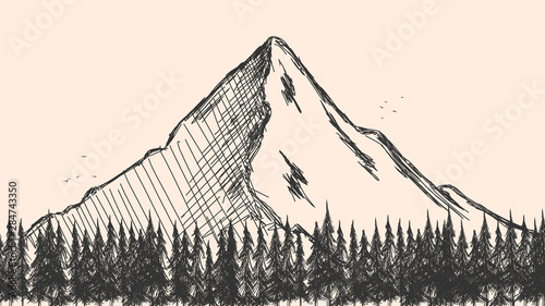 recznie-rysowane-szkic-lasu-sosnowego-i-gor-tlo-wektor