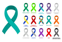 Different Colored Awareness Ribbon Collection. Set Of Colorful Awareness Ribbons Regarding Mental Health,heart Diseases,autism,PTSD And Other Conditions And Disorders. Vector Illustration, Flat Style.