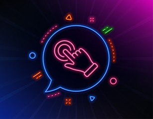 Poster - Touchscreen gesture line icon. Neon laser lights. Click hand sign. Push action symbol. Glow laser speech bubble. Neon lights chat bubble. Banner badge with touchscreen gesture icon. Vector