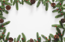 Christmas Background, Frame With Fir Branches Tree Pinecone Over White Background. Flatlay Copy Space