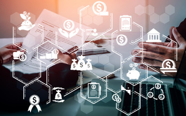 Finance and Money Transaction Technology Concept. Icon Graphic interface showing fintech trade exchange, profit statistics analysis and market analyst service in modern computer application.